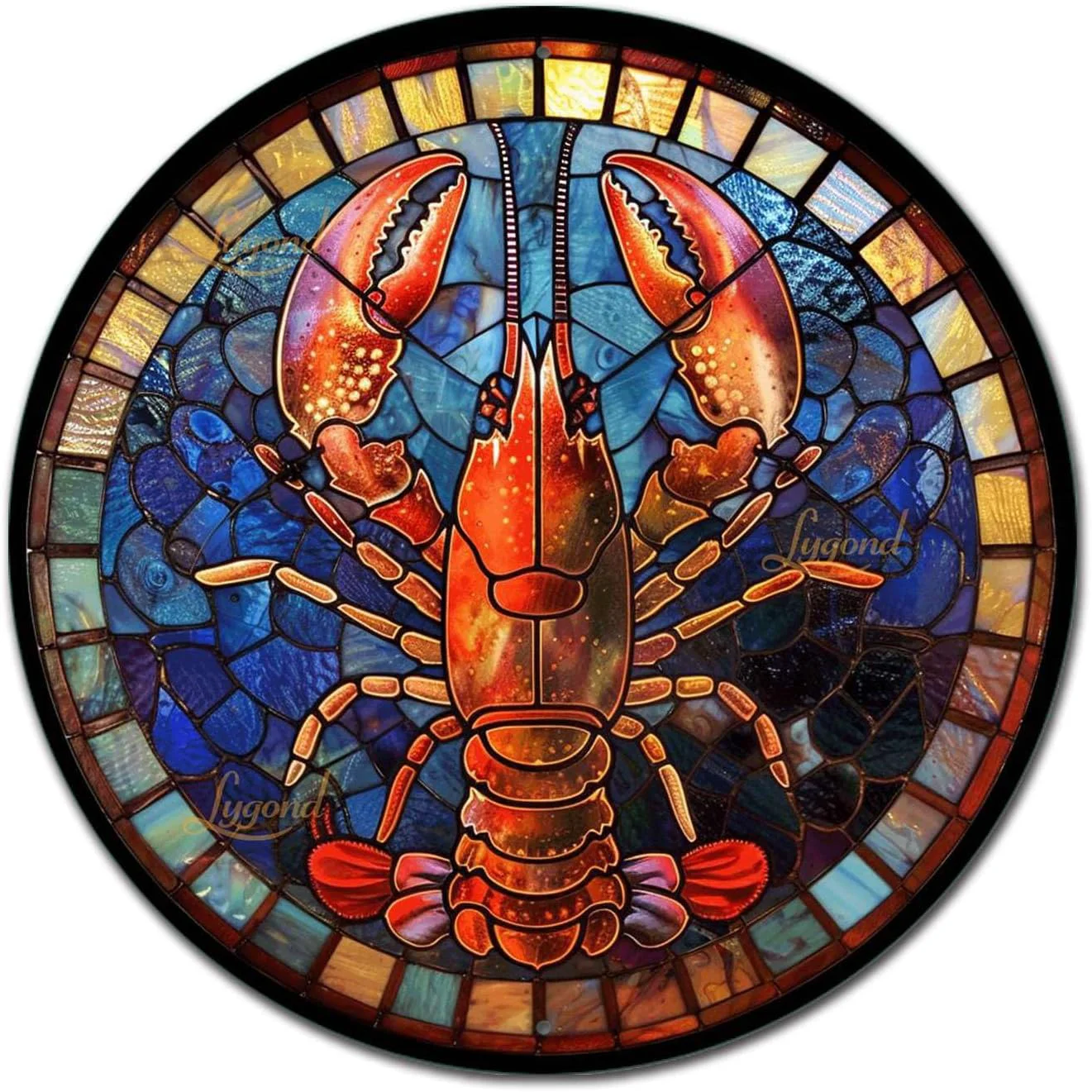 Long-Lasting Lygond Metal Sign Tin Sign Circular Stained Glass Lobster Gardening Decor Gift for Garage 12×12 Inches Trusted