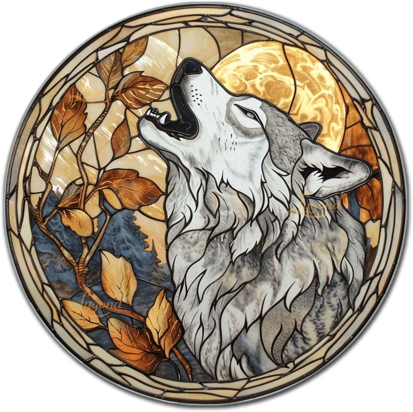 Clean Lygond Metal Sign Tin Sign Circular Stained Glass Gray Wolf Bathroom Signs for Home for Club 12×12 Inches Premium Material