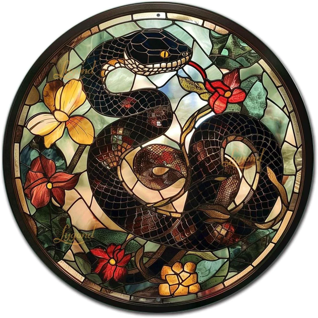 Fashionable Lygond Metal Sign Tin Sign Circular Stained Glass Snake Gardening Sign for Gift 12×12 Inches Clean