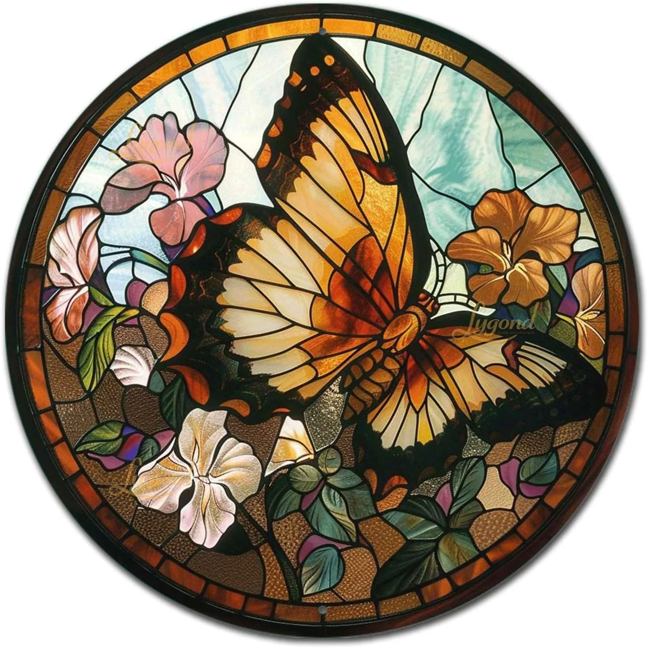Certified Lygond Metal Sign Tin Sign Circular Stained Glass Butterfly Inspirational Wall Art for Garage 12×12 Inches Fine Crafted