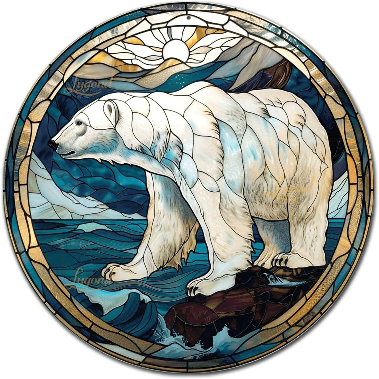 Official Lygond Metal Tin Sign - Circular Stained Glass Polar Bear Garage Sign For Home Decor - 8x8 Inches Professional