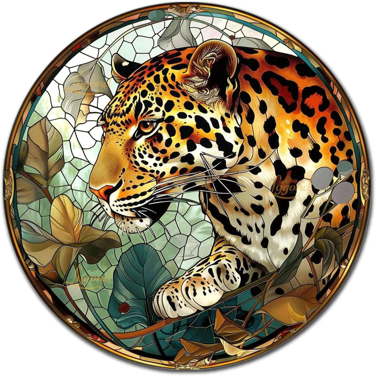 Dependable Lygond Metal Sign Tin Sign Circular Stained Glass Leopard Funny Sign for Restaurant 8×8 Inches Safe