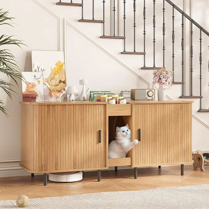 Solid Double Litter Box Enclosure for 2 Cats Large Indoor Cat House Refined