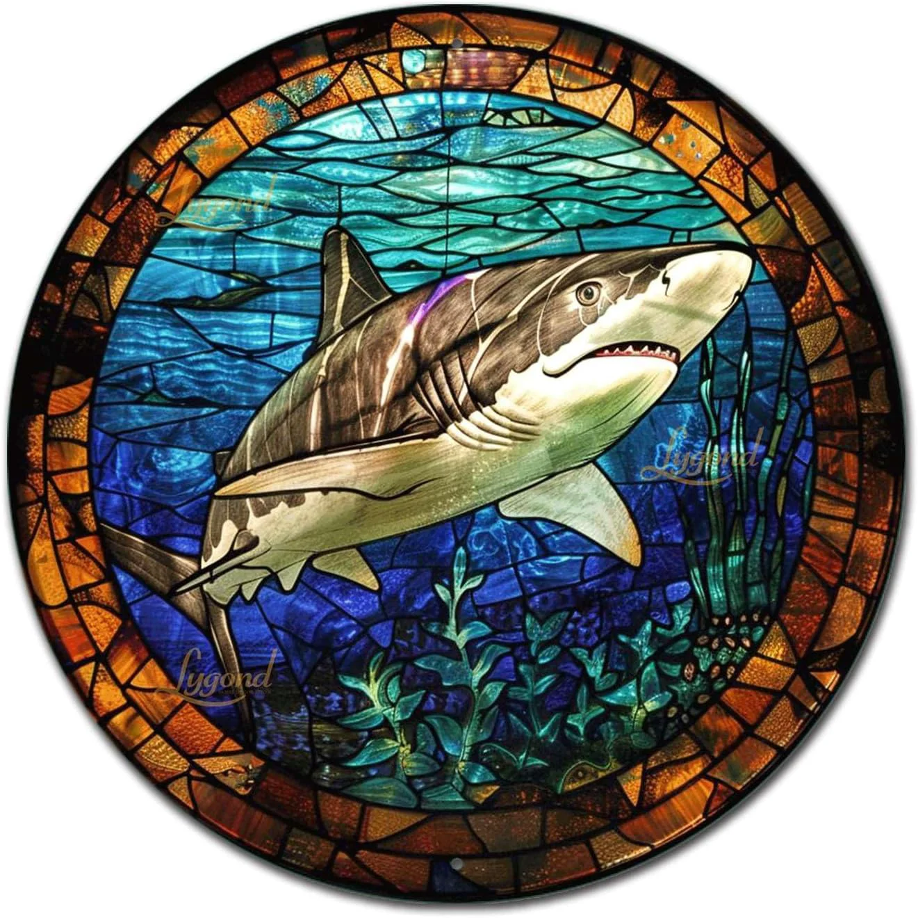 Fashionable Lygond Metal Sign Tin Sign Circular Stained Glass Shark Funny Outdoor Decor for Garage 8×8 Inches Original Design