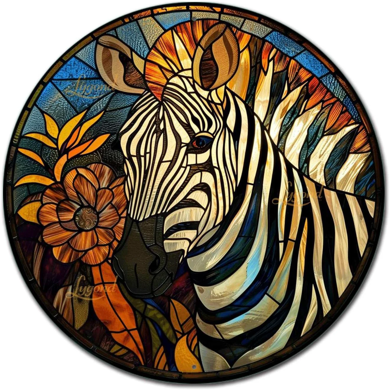 Selected Lygond Metal Sign Tin Sign Circular Stained Glass Zebra Home Decor for Bar 12×12 Inches Innovative