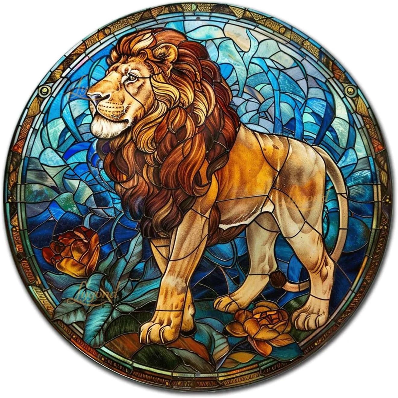 Lightweight Lygond Metal Sign Tin Sign Circular Stained Glass Lion Garage Sign for Garden 12×12 Inches Outstanding
