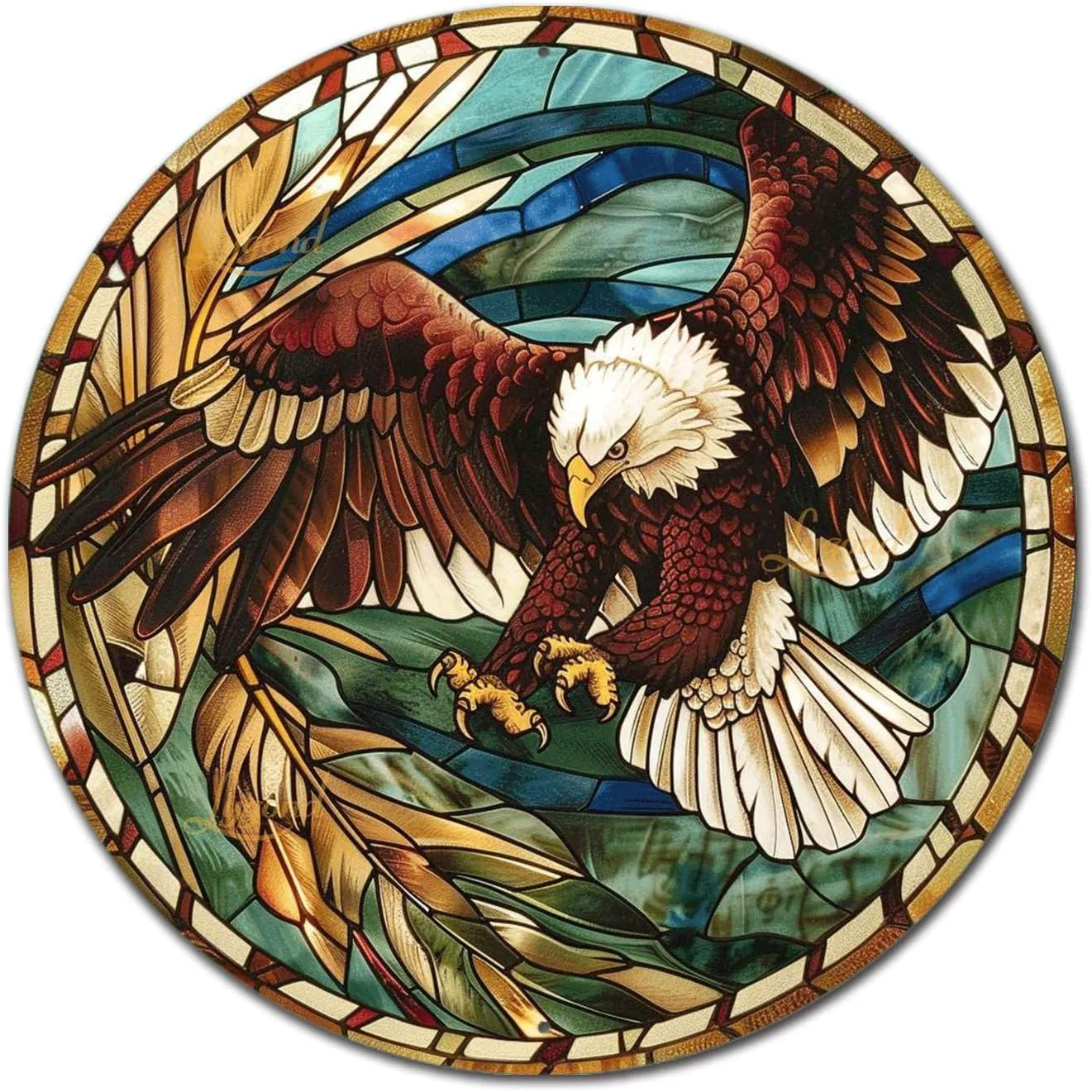 Classic Lygond Metal Sign Tin Sign Circular Stained Glass Eagle Inspirational Wall Art for Garden 12×12 Inches Minimalist