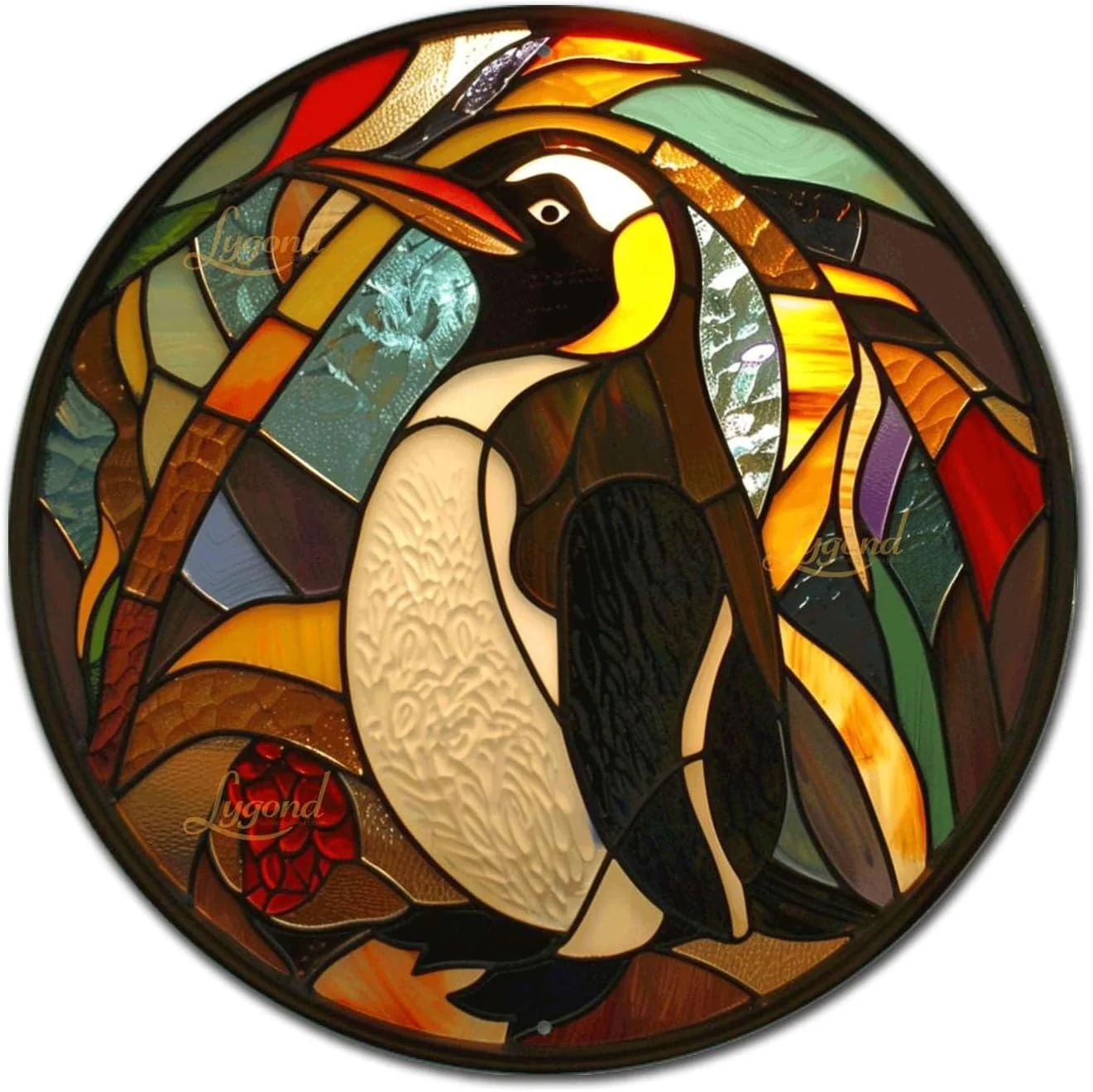 Convenient Lygond Metal Penguin Sign - Circular Stained Glass Design 88 Inches Flexible