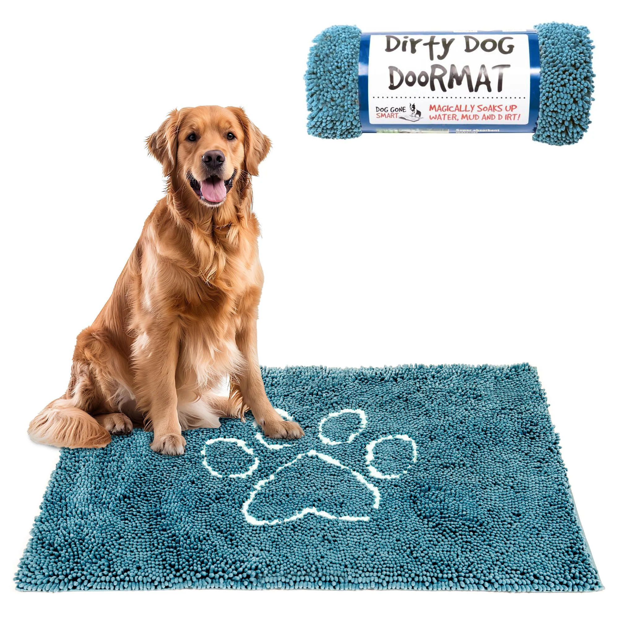 Clean Dog Gone Smart Dirty Dog Doormat - Fast Drying Ultra-Absorbent Doormat with Non-Slip Backing Pacific Blue Pure