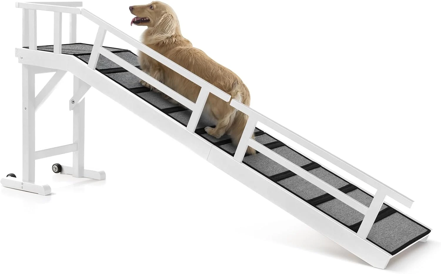 Advanced Dog Ramp for Bed or Couch Wooden Pet Ramp with 20° Gentle Slope Removable Side Rails Non-Slip Surface Top Platform Wheels Safe Bed Ramp for Small Medium Senior Dogs 74 Long White Green