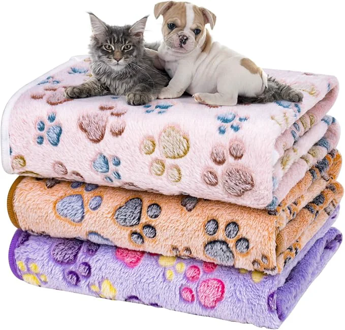 Crafted Dono 1 Pack 3 Dog Blankets for Small Dogs Soft Fluffy Paw Print Pattern Fleece Smooth