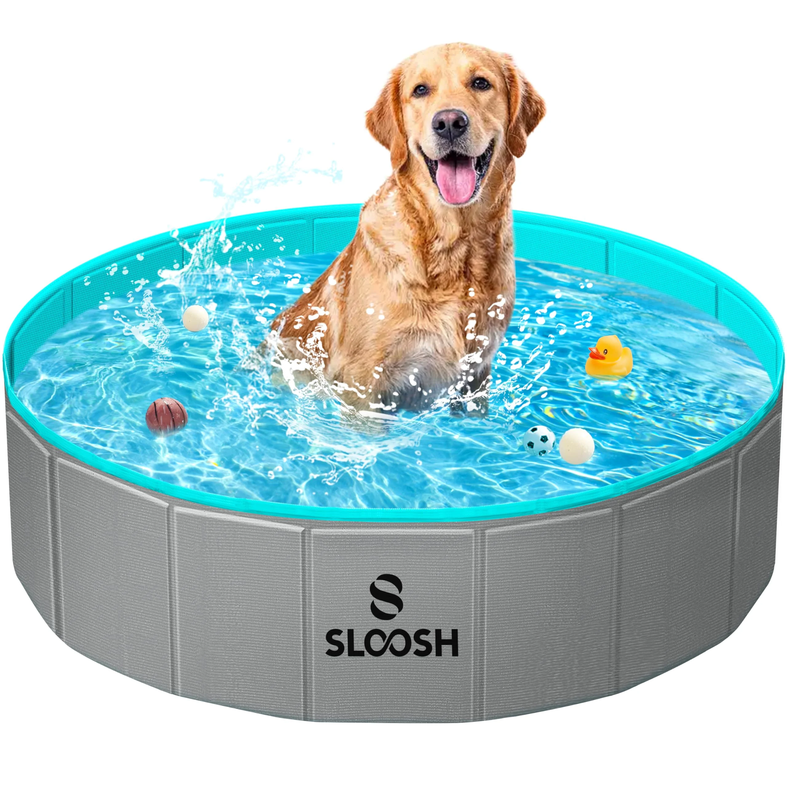 Versatile Sloosh Foldable Dog Pool – Portable 32x8in Anti-Slip Collapsible Pet Bath Tub Gray Convenient