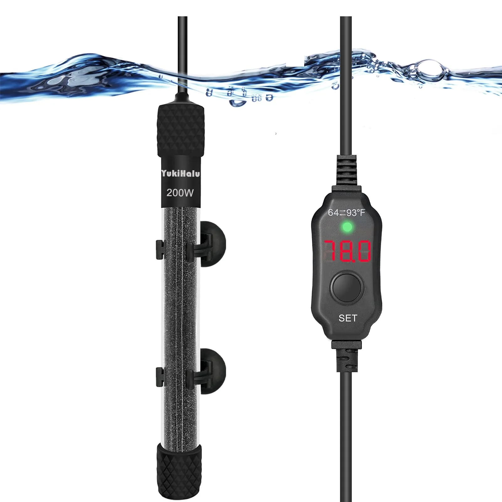 Official YukiHalu 200W Submersible Aquarium Heater with External Controller Adjustable 64–93°F for 15–40 Gallon Tanks Powerful