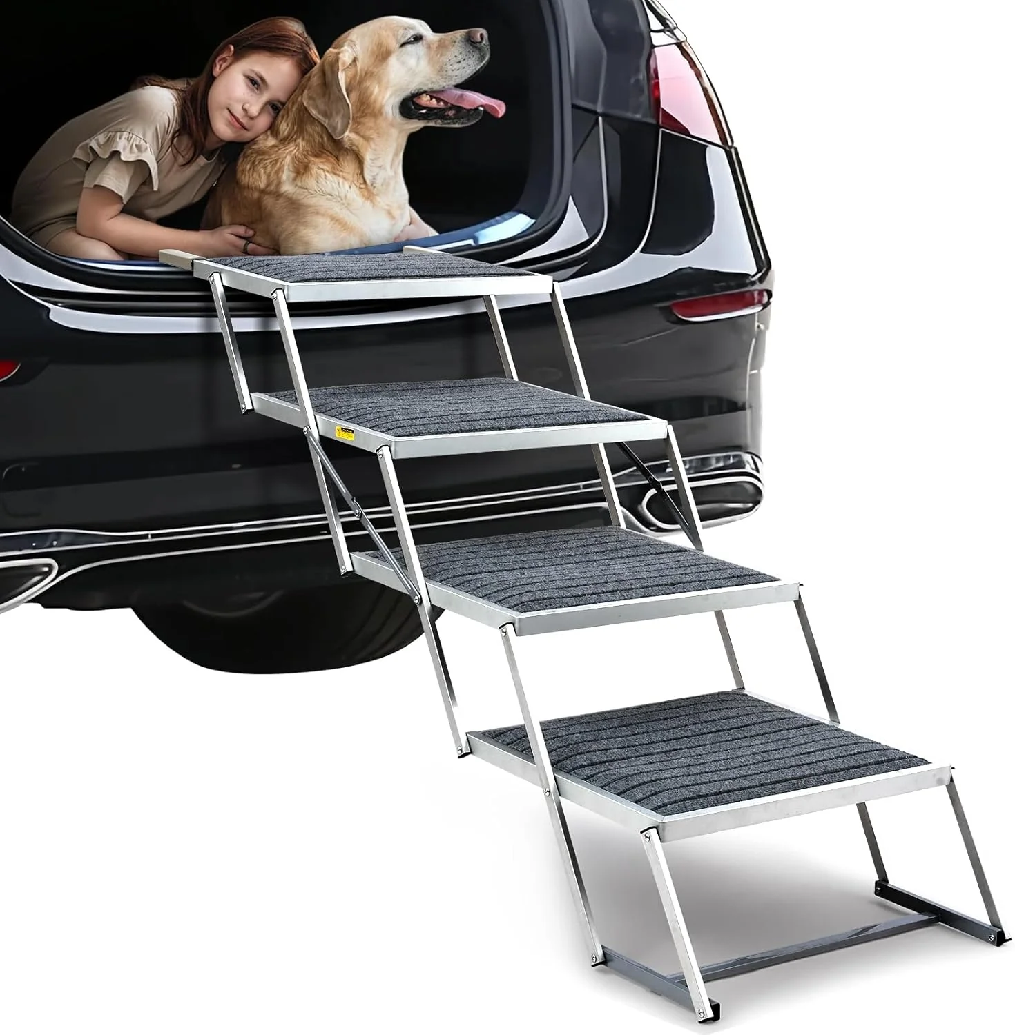 Exclusive 20 Extra Wide Dog Ramp 4-Step Foldable Pet Stairs with Non-Slip Carpet - Lightweight Aluminum for SUV Truck Car High Beds - Supports Large Dogs up to 200Lbs Crafted