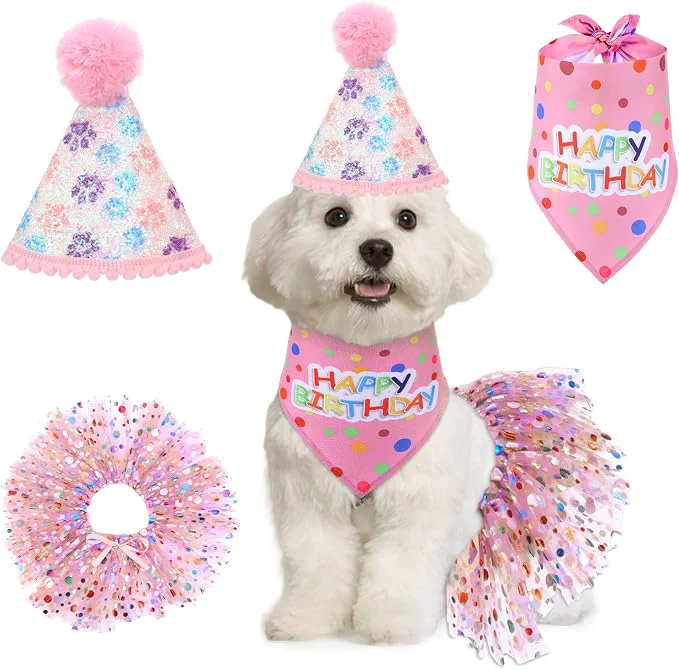 Environmentally Friendly Dog Birthday Bandana with Hat and Dress Girl Set Puppy Birthday Party Supplies Powerful