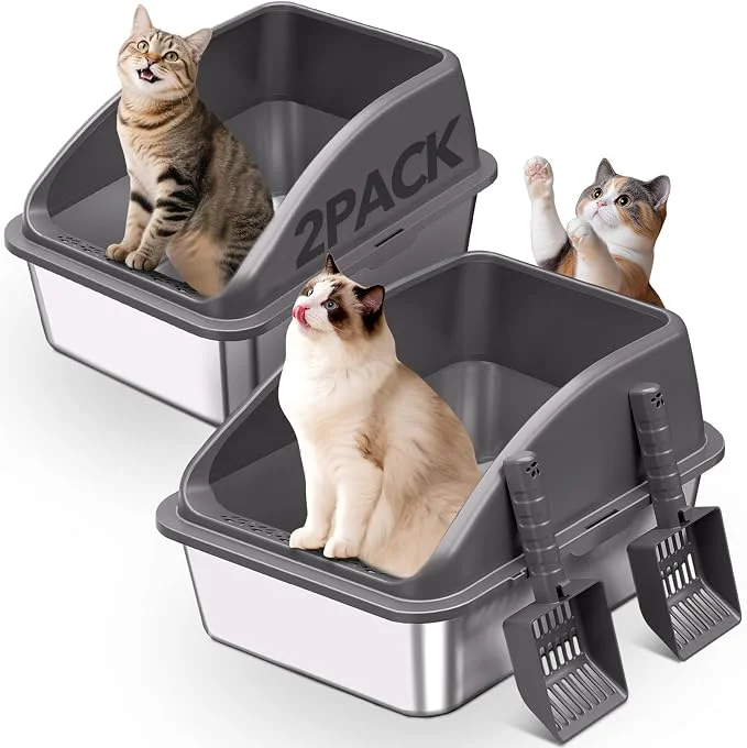 Elegant 2PACK Stainless Steel Cat Litter Box Absorbs Odors Leak-Proof Classic