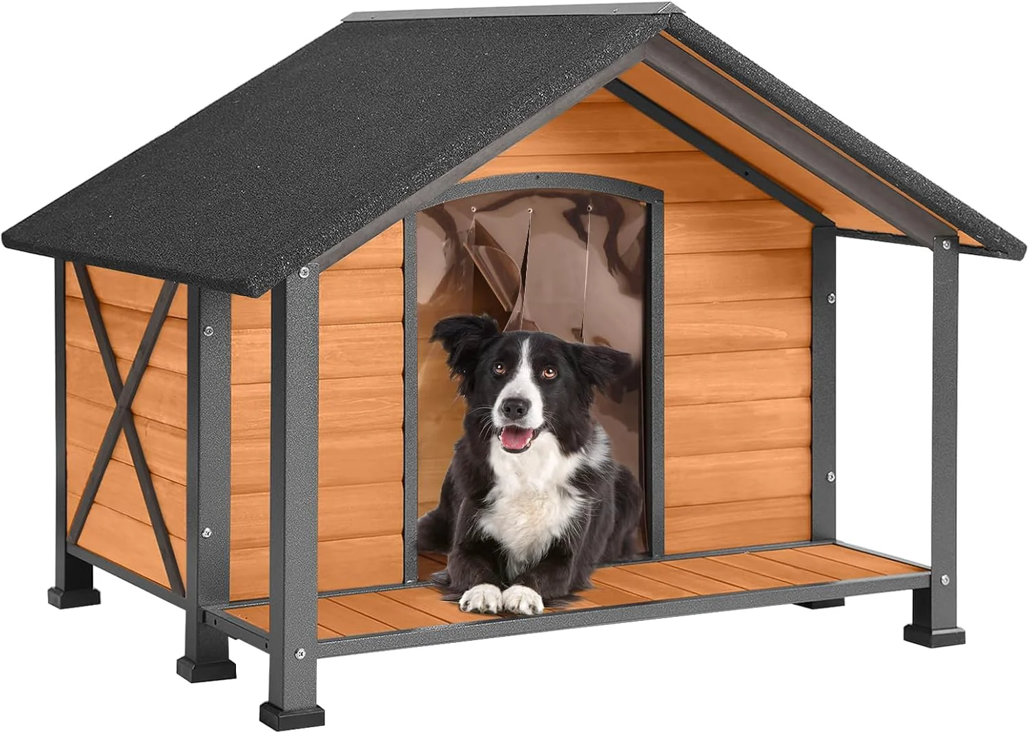 Classic Aivituvin Dog House with Anti-Chewing Metal Frame Outdoor Large Wooden Dog Kennel Outside with Overhang Roof Large Porch Weatherproof Proven