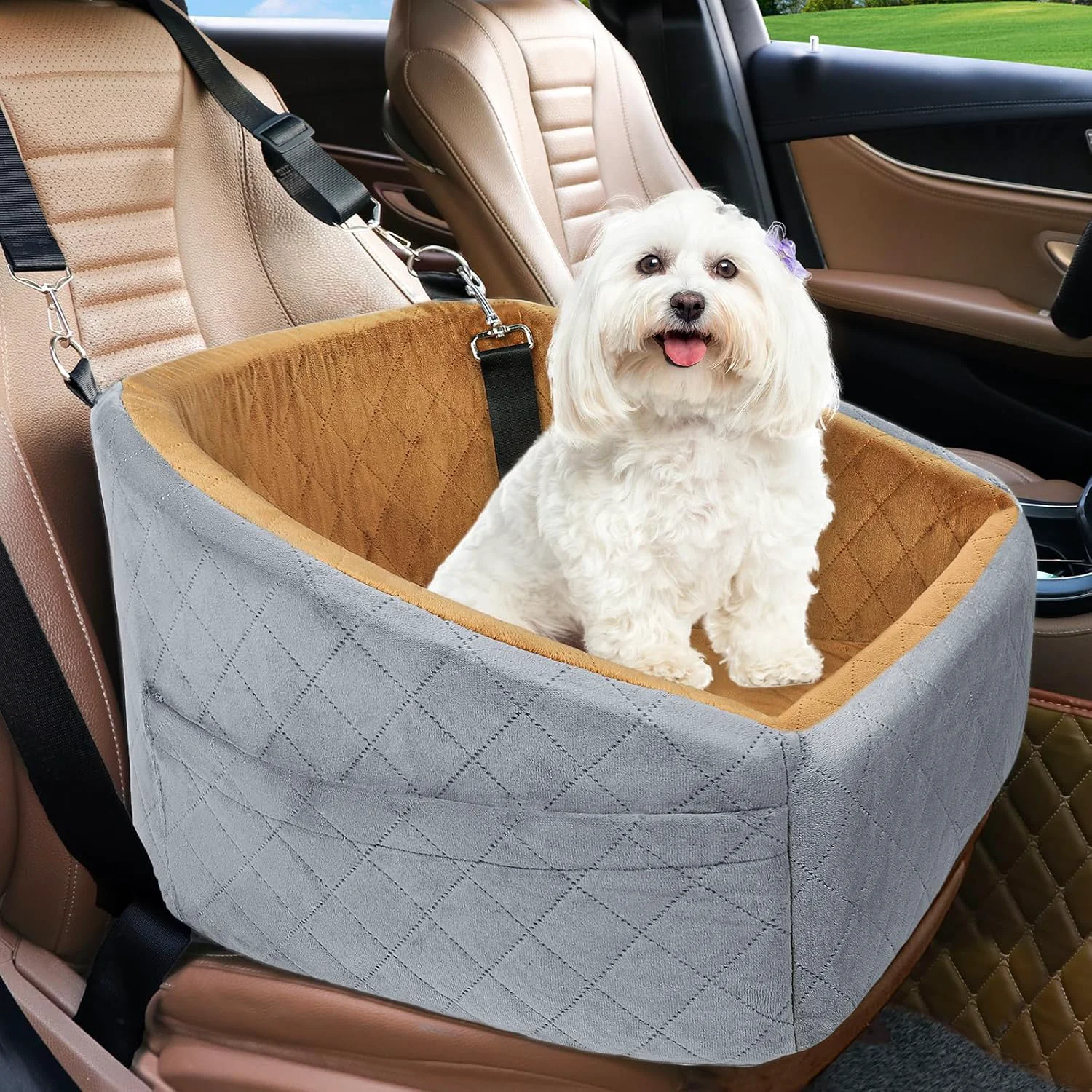 Minimalist Dog Car Seat for Small Medium Dogs Detachable Washable Dog Booster Seat Under 30lbs Pet Car Seat Travel Bed with Storage Pockets and Dog Safety Belt Grey Brown Proven