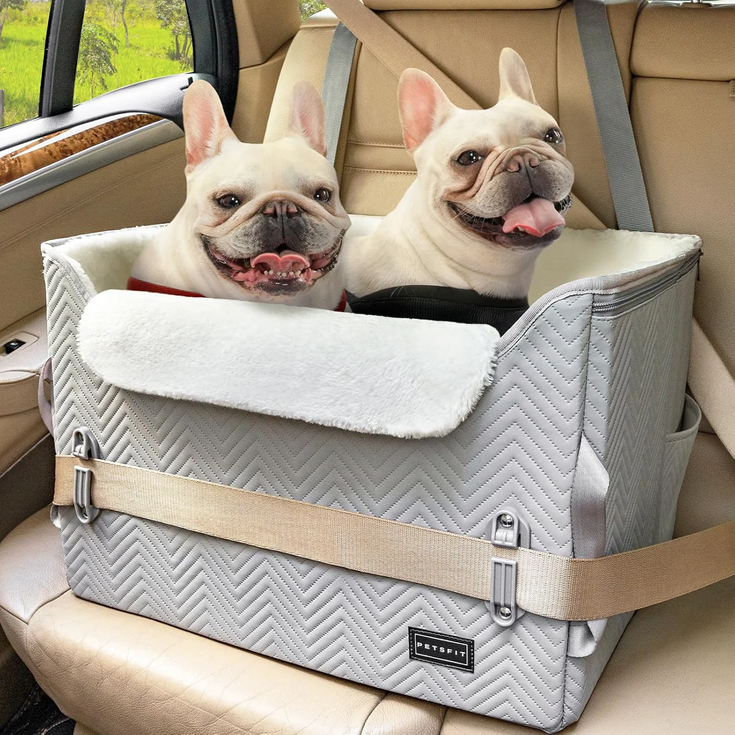 Dependable PETSFIT Dog Booster Car Seat Waterproof PU Leather Car Seat for Dogs with Patented Safe Buckles 2 Clip-On Safety Leashes Suitable for 2 Small Dogs or a Medium Dog Medium Grey Practical