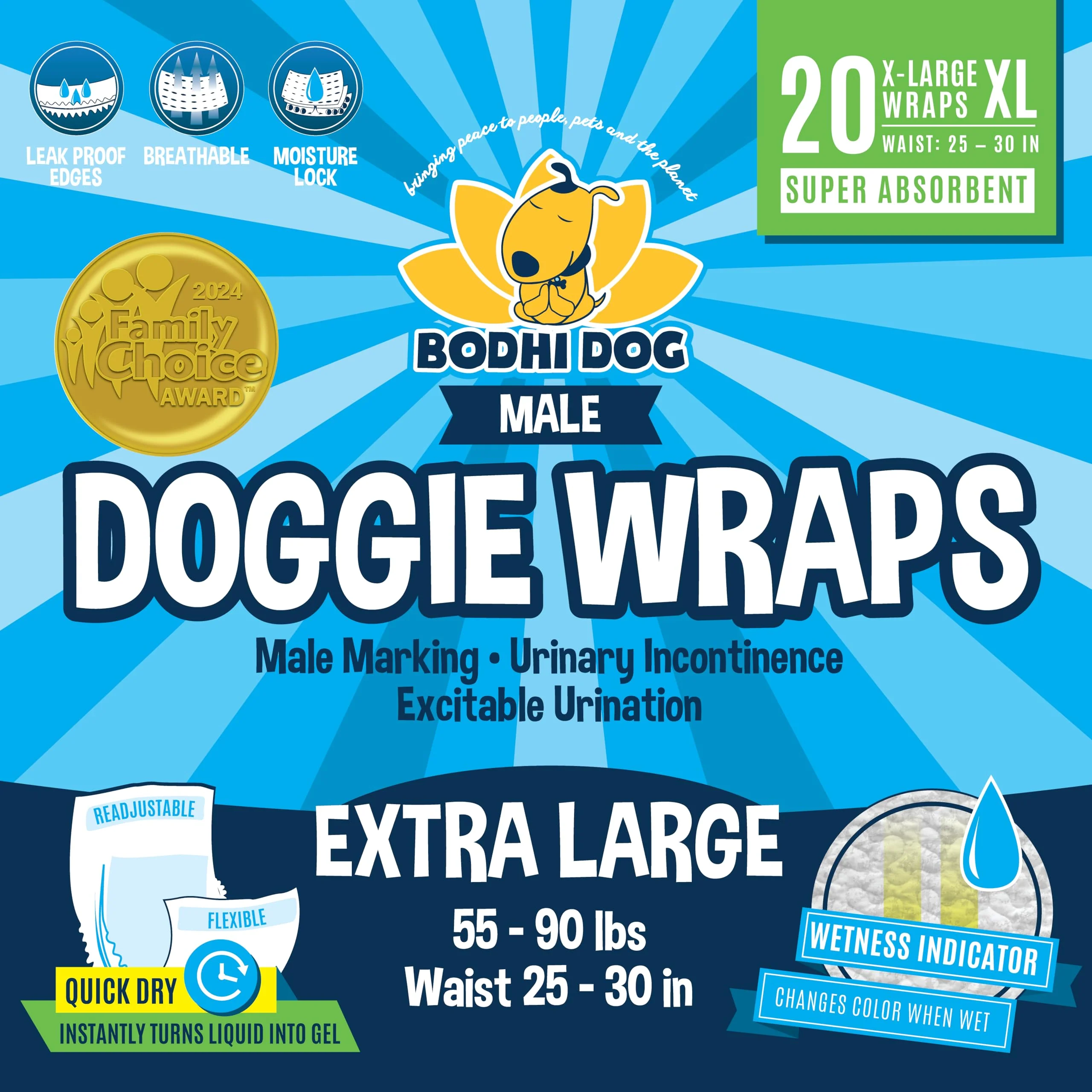 Natural Bodhi Dog Disposable Male Dog Diapers - Extra Large 20 Count Super Absorbent Leak-Proof Powerful