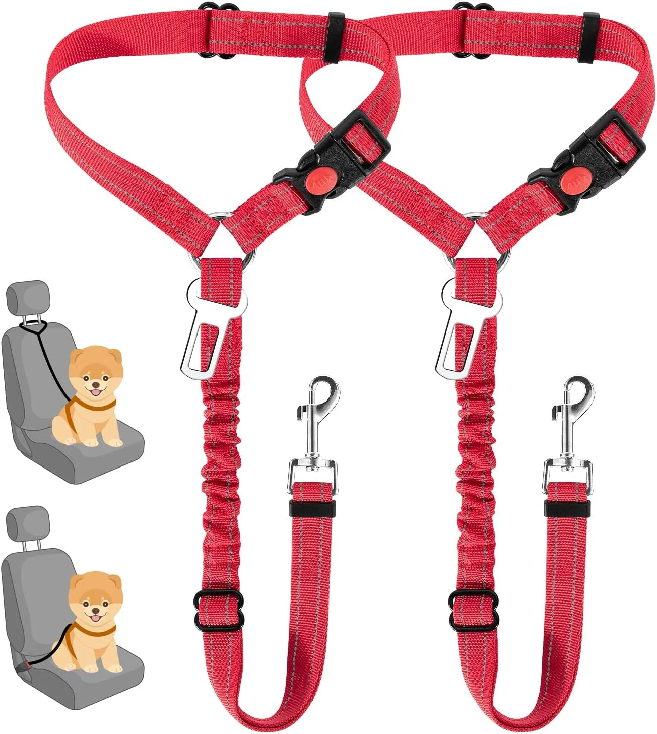 Natural SlowTon Dog Seat Belt for Car 2 Pack Dog Car Harness Seatbelt Adjustable with Elastic Bungee Buffer 2 in 1 Pet Car Leash Headrest Restraint Dog Reflective Safety Tether S Red Headrest Clip High-End