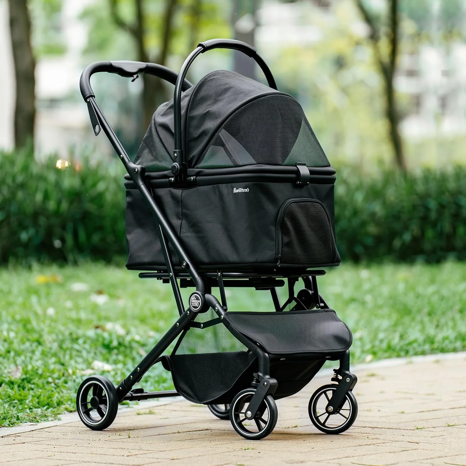 Expertly Made 4 Wheels Pet Stroller Dog Stroller for Small Medium Dogs and Cats up to 33 lbs One-Click Fold Draggable Removable Carrier Zipperless Entry Mesh Windows Black Contemporary