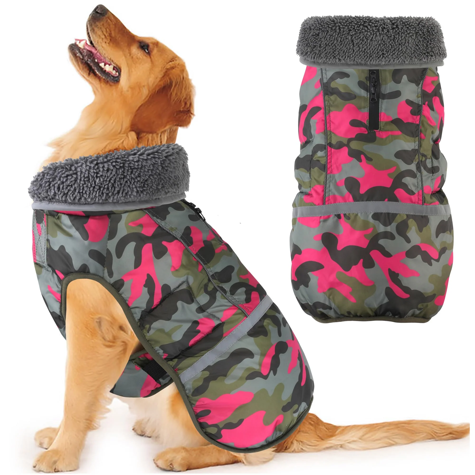 Clean Dogcheer Warm Waterproof Dog Coat – Reflective Adjustable Winter Jacket in Cam Pink XL Smart