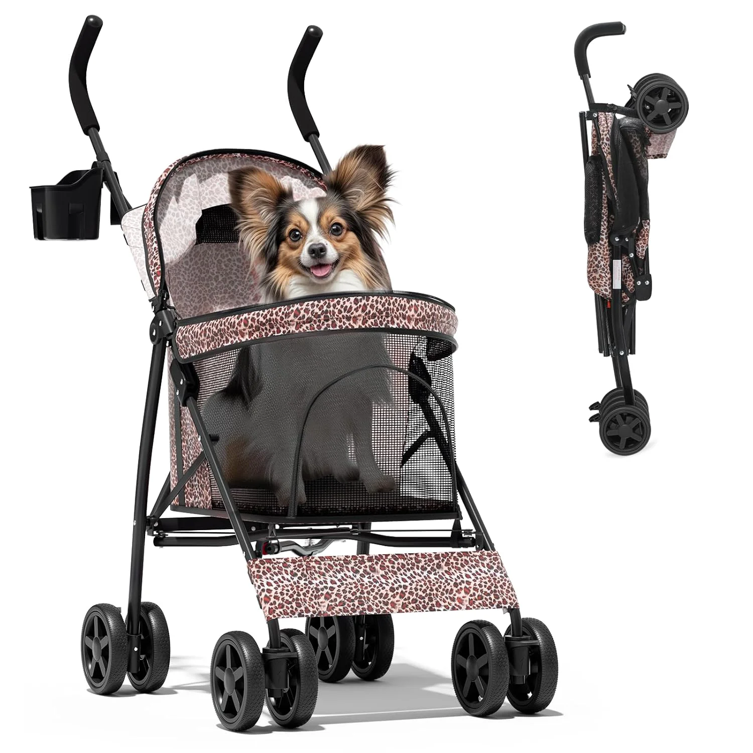 Consistent Magshion Compact Pet Stroller for Small-Medium Dogs Cats up to 22lbs 4-Wheel Lightweight Umbrella Shaped Portable Puppy Travel Jogger with Breathable Mesh Cup Holder Rear Storage Leopard Print Safe