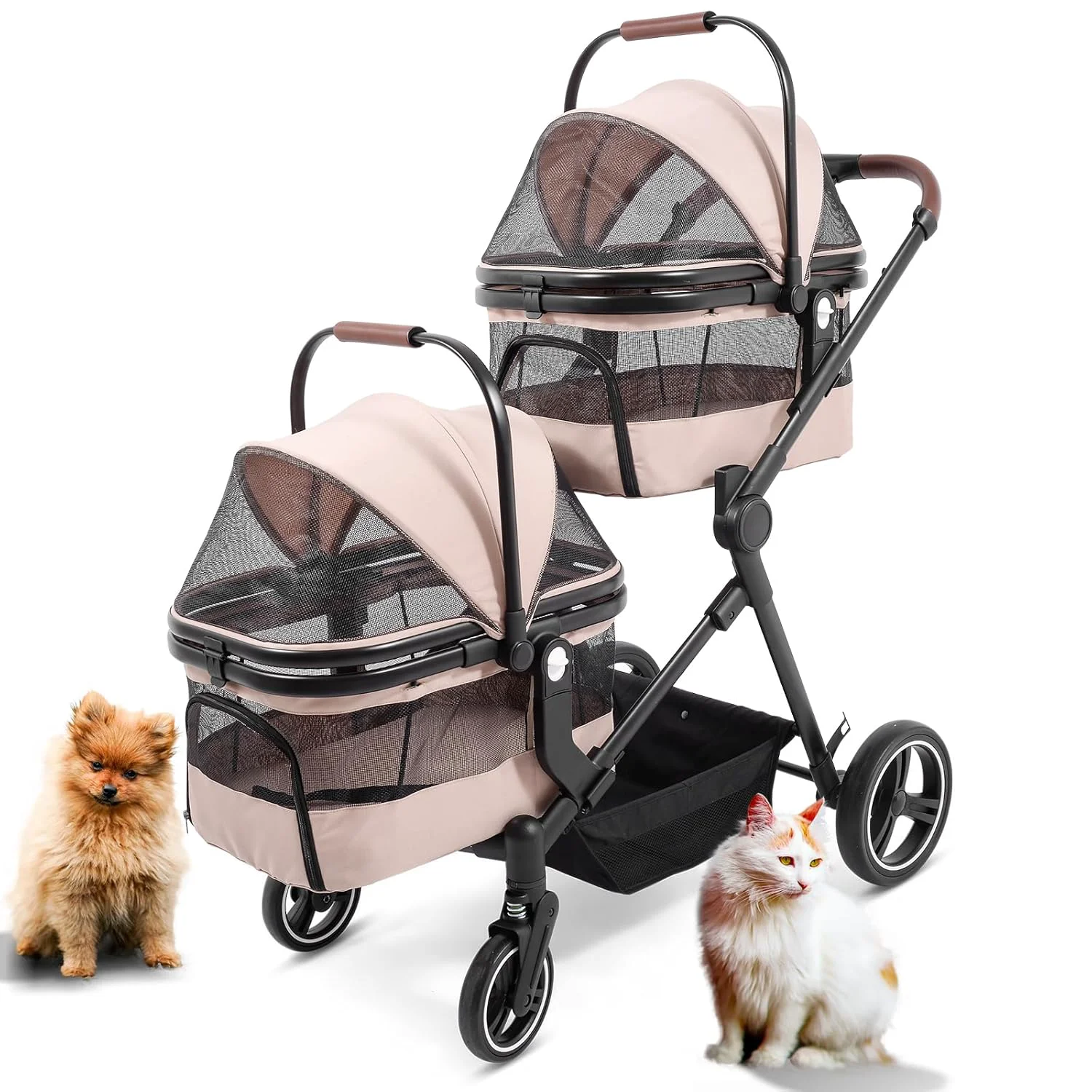 Classic Foldable Double Pet Stroller for 2 Small Medium Cats Dogs Lightweight Single and Double Integrated Pet Stroller with Detachable Carriers User-Friendly