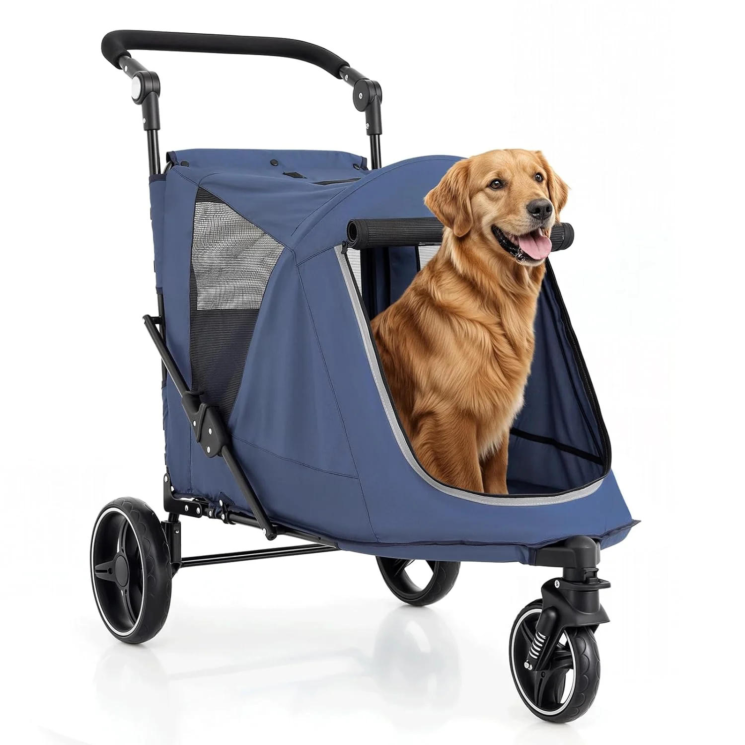 Recyclable Magshion Pet Stroller for Medium Dogs w Adjustable Handle 3-Wheel Dog Cat Wagon w Dual Entry Rear Storage Breathable Mesh One-Foot Brake I for Large Pets up to 55 lbs Navy Blue High-Quality