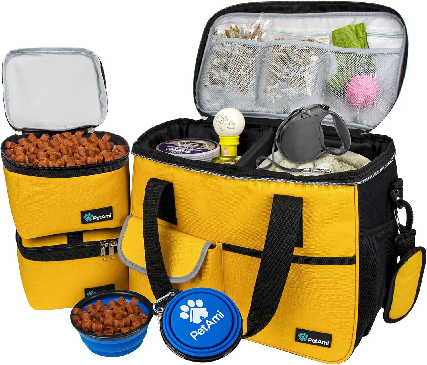 Expertly Made PetAmi Dog Travel Bag Travel Pet Bag Organizer Dog Food Travel Bag with Food Container and Bowls Dog Travel Supplies Gift Accessories for Weekend Camping Dog Cat Diaper Bag Yellow Medium Recyclable