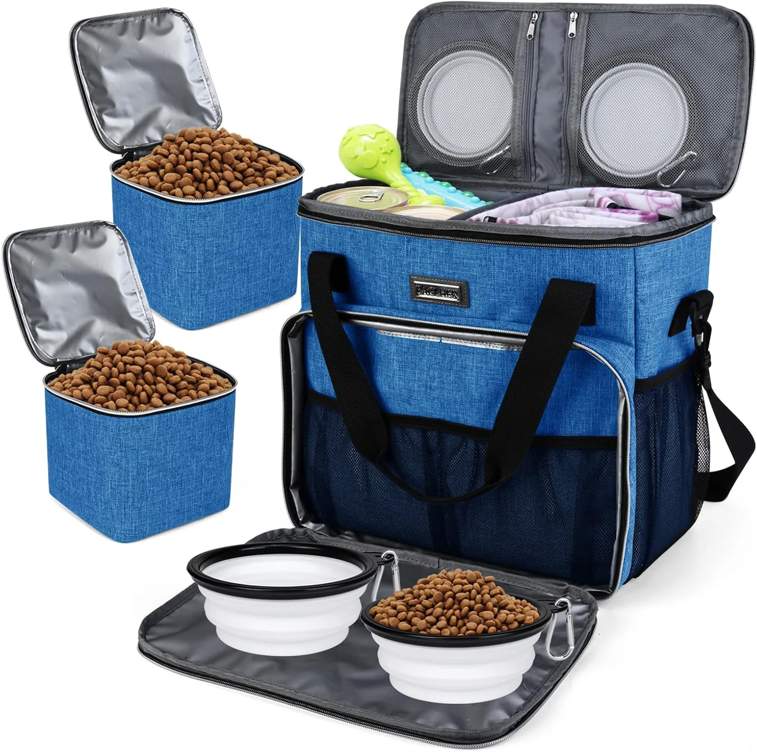 Proven BAGLHER Dog Travel Bag Pet Travel Bag ALL Pet Travel Supplies With 2 Pet Food Containers and 2 Collapsible Silicone Bowls Essential Kits for Pet Travel Blue Premium Material