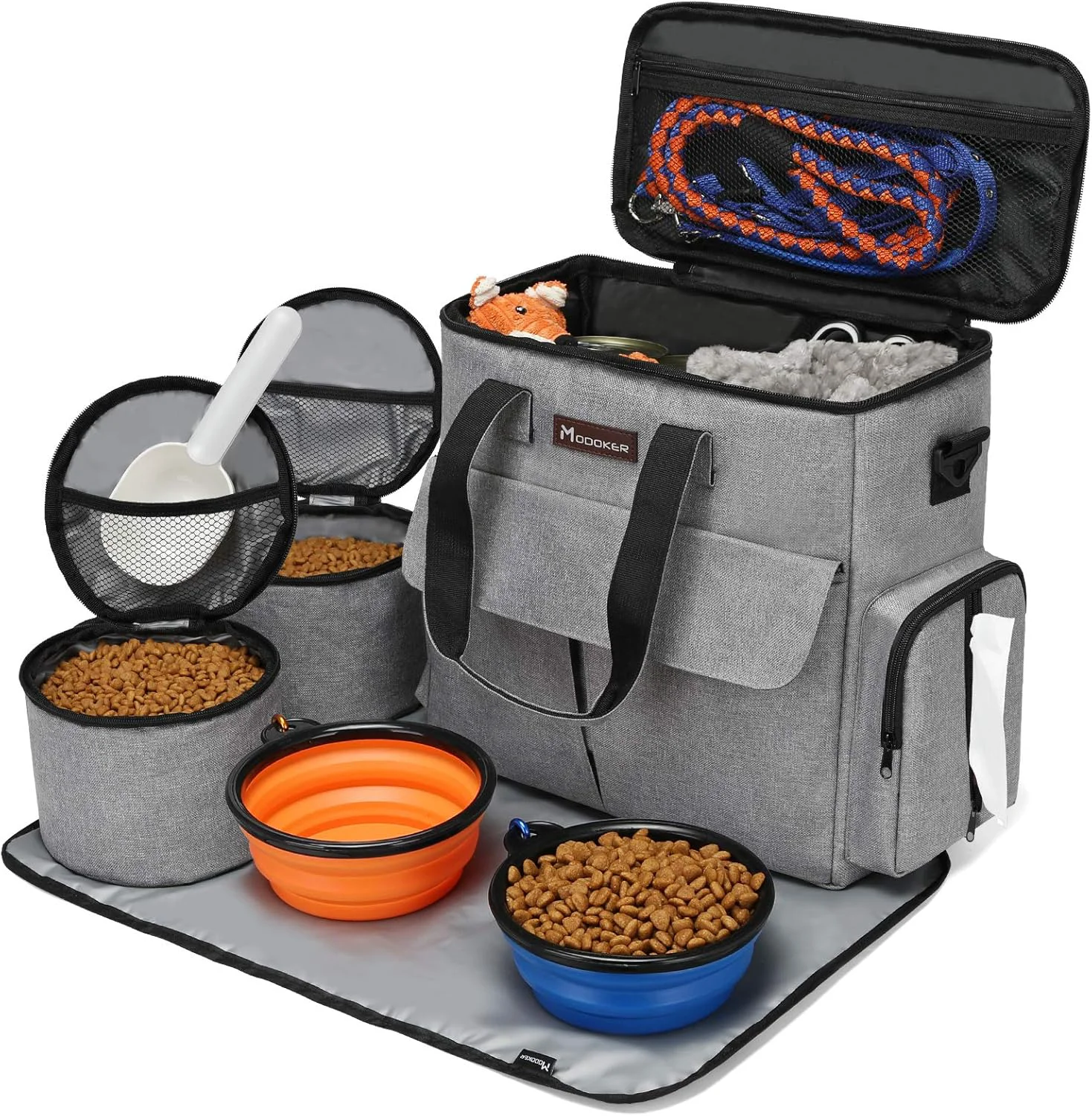 Convenient Modoker Dog Travel Bag Weekend Pet Travel Set for Dog and Cat Airline Tote Organizer with Multi-Function Pockets 2 Food Storage Containers 2 Collapsible Bowls 1 Feeding Mat Grey Responsible