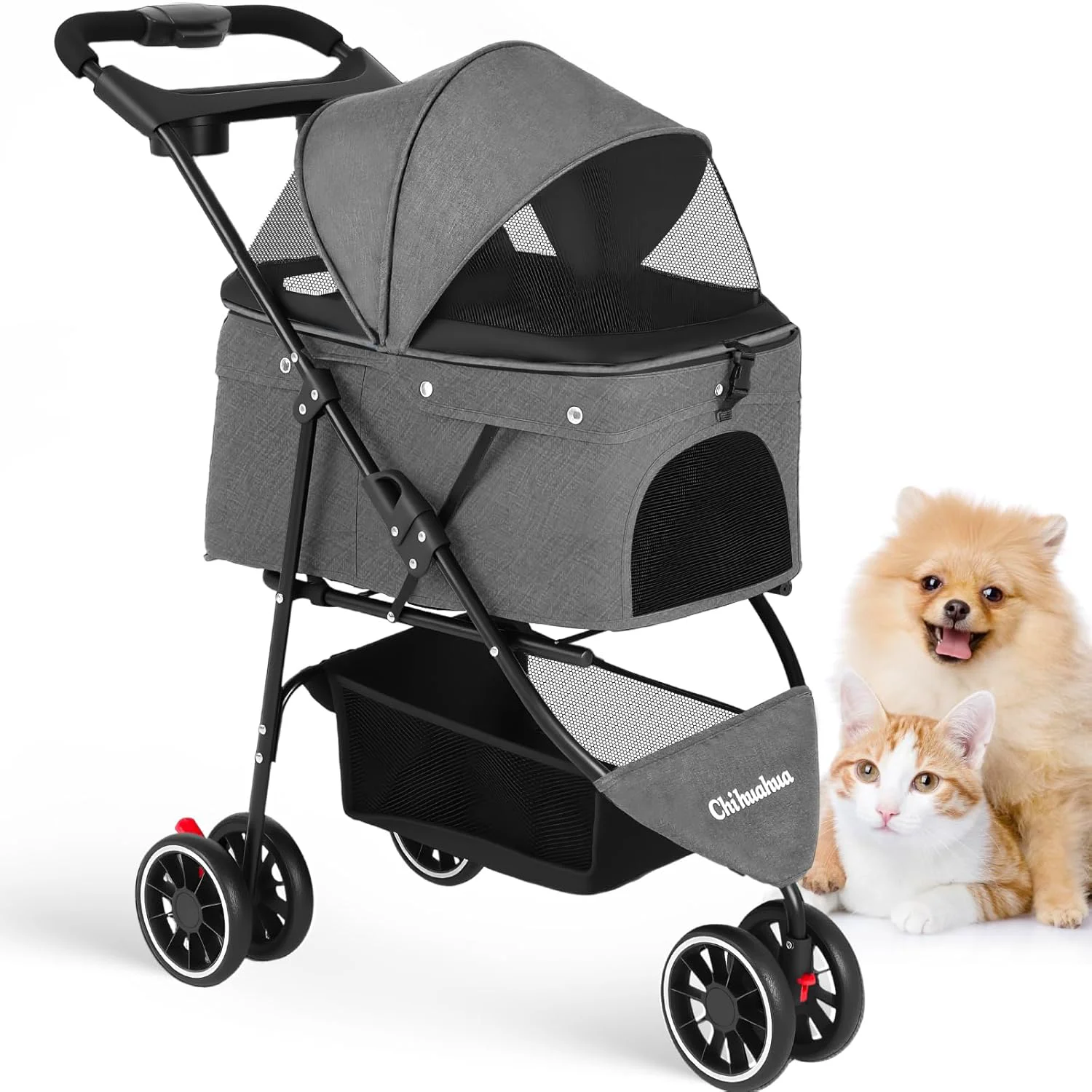 Casual Pet Stroller Dog Stroller for Small Medium Dogs Cats 3 Wheels Foldable with Breathable Mesh Canopy Cup Holders Easy Assembly Grey Crafted