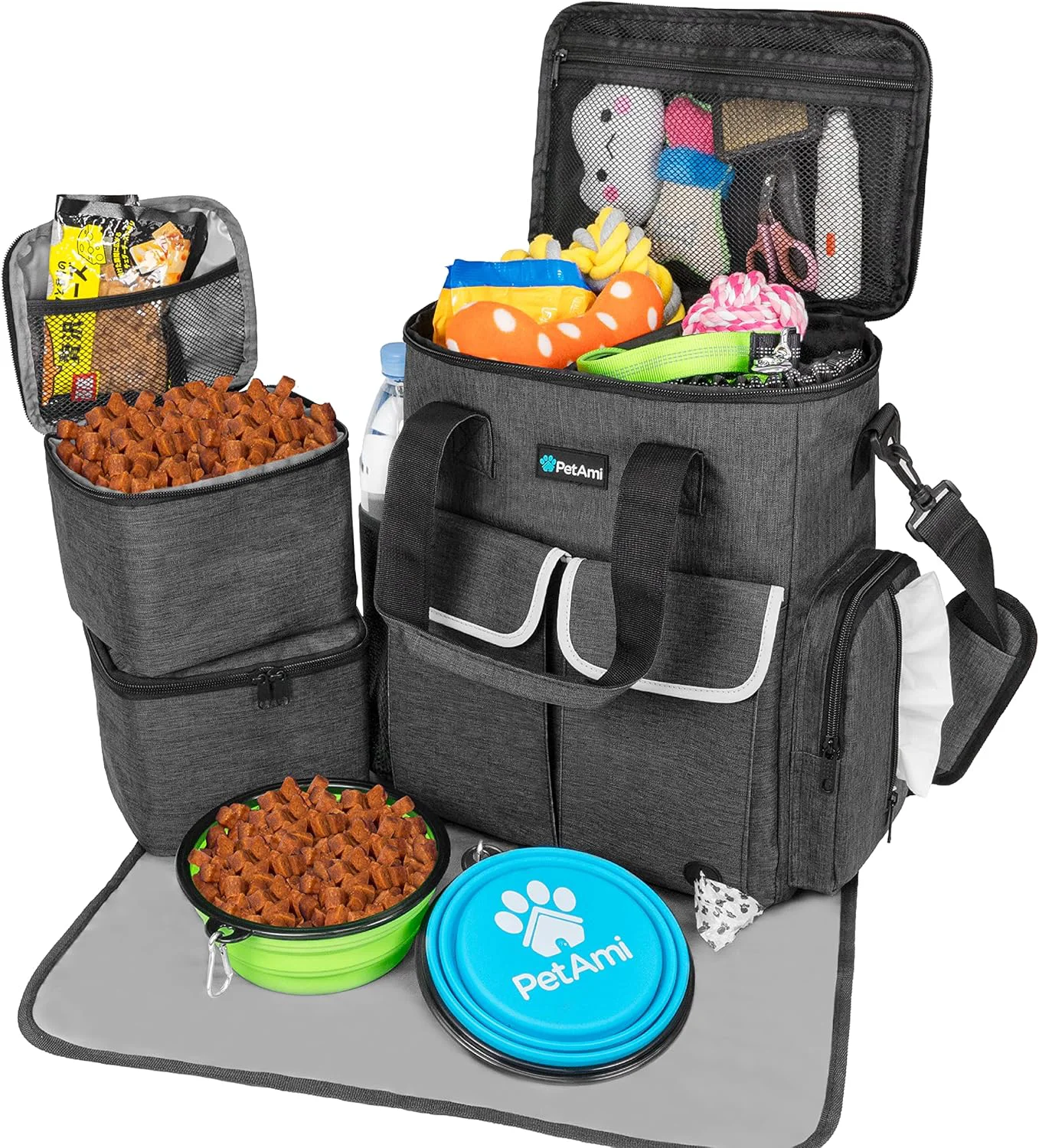 User-Friendly PetAmi Dog Travel Bag Pet Supplies Accessories Organizer for Traveling Camping Weekend Cat Pet Travel Bag Kit Includes 2 Food Storage Containers 2 Collapsible Bowls 1 Feeding Mat Dark Gray Green