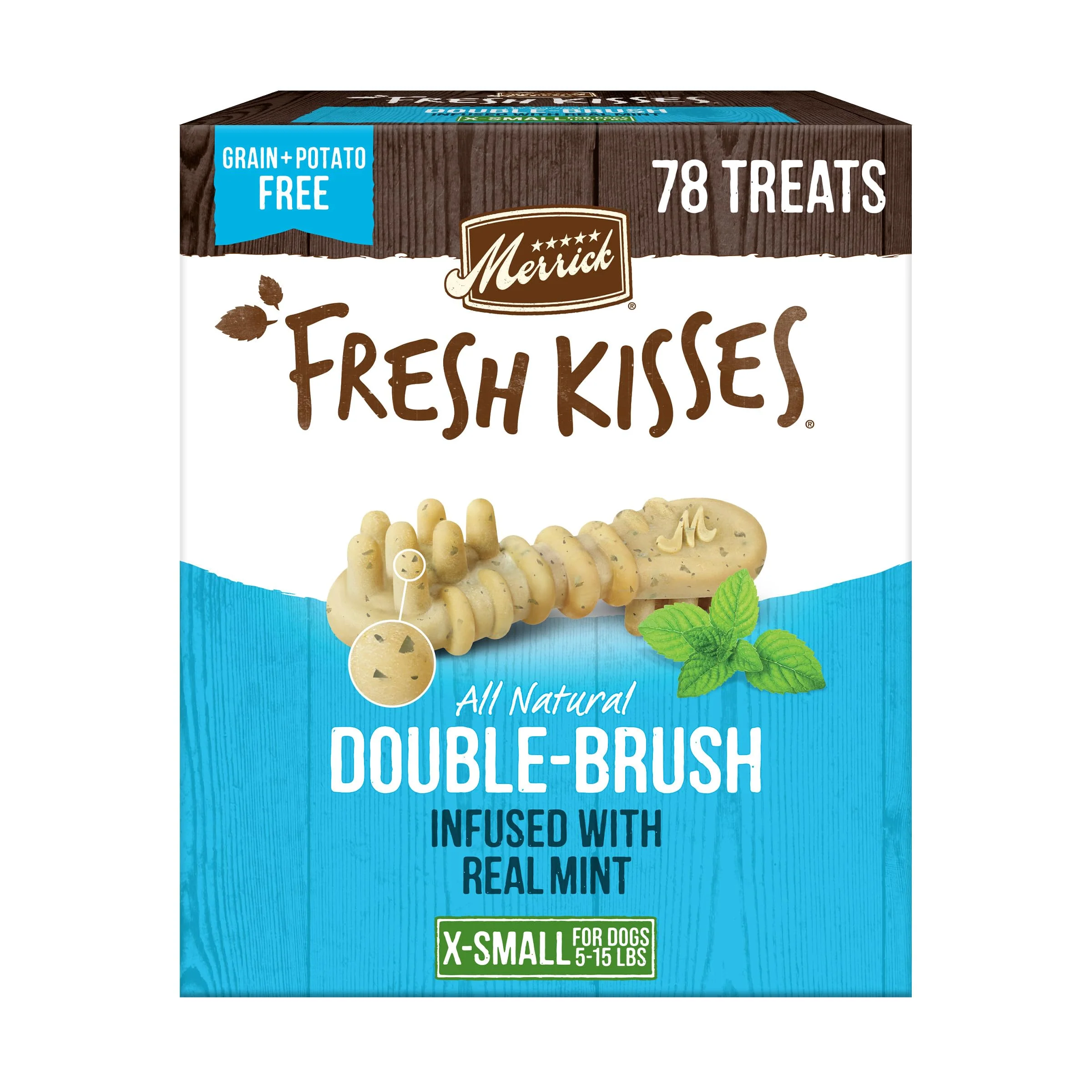 Original Design Merrick Fresh Kisses Dental Chews for Tiny Dogs 5-15 lb – Mint-Infused Double-Brush Toothbrush Treats 78 ct Box Elite