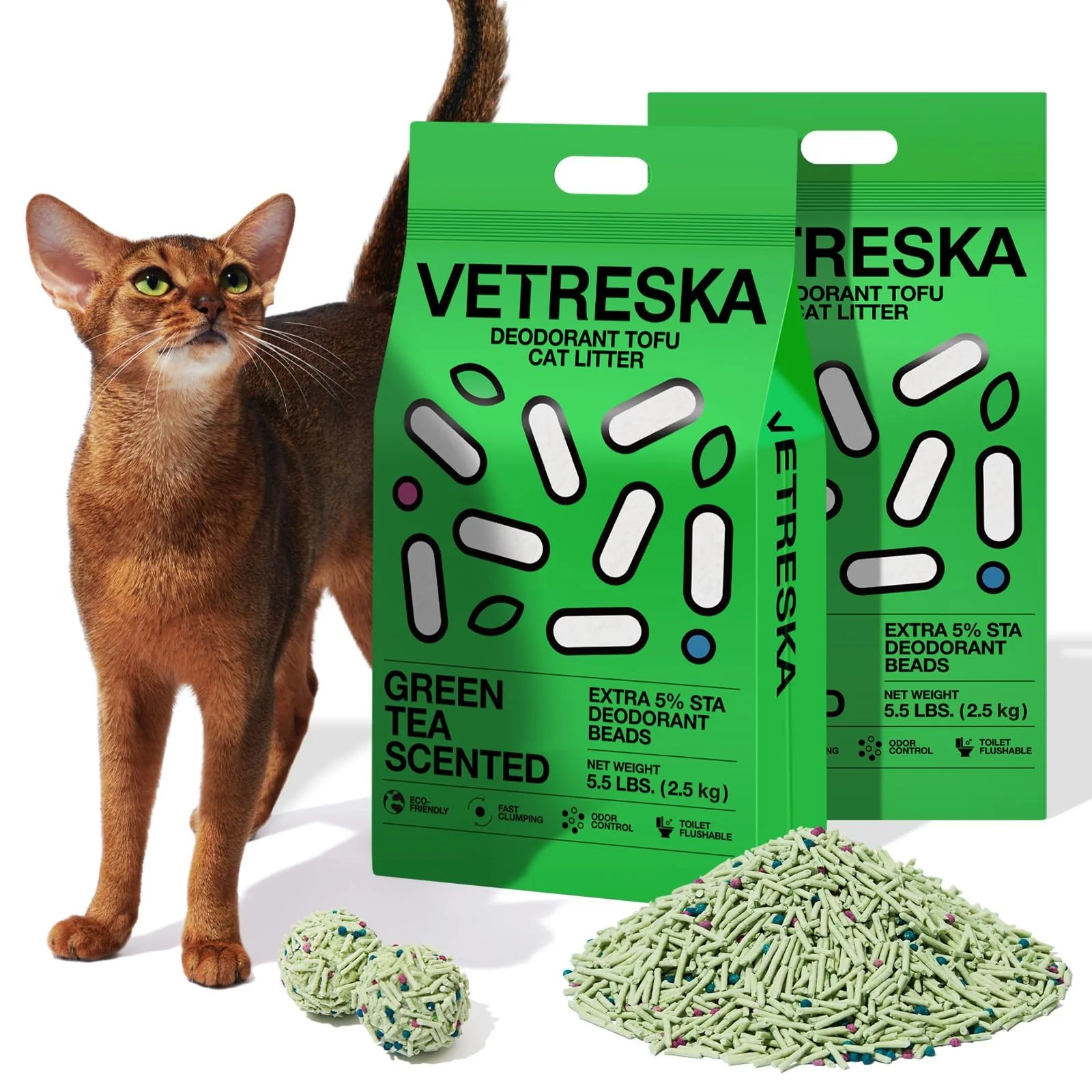 Breathable VETRESKA Tofu Cat Litter – Natural Quick-Clumping Flushable Dust- Green Tea Odor Control 5.5lb x 2 High-Performance