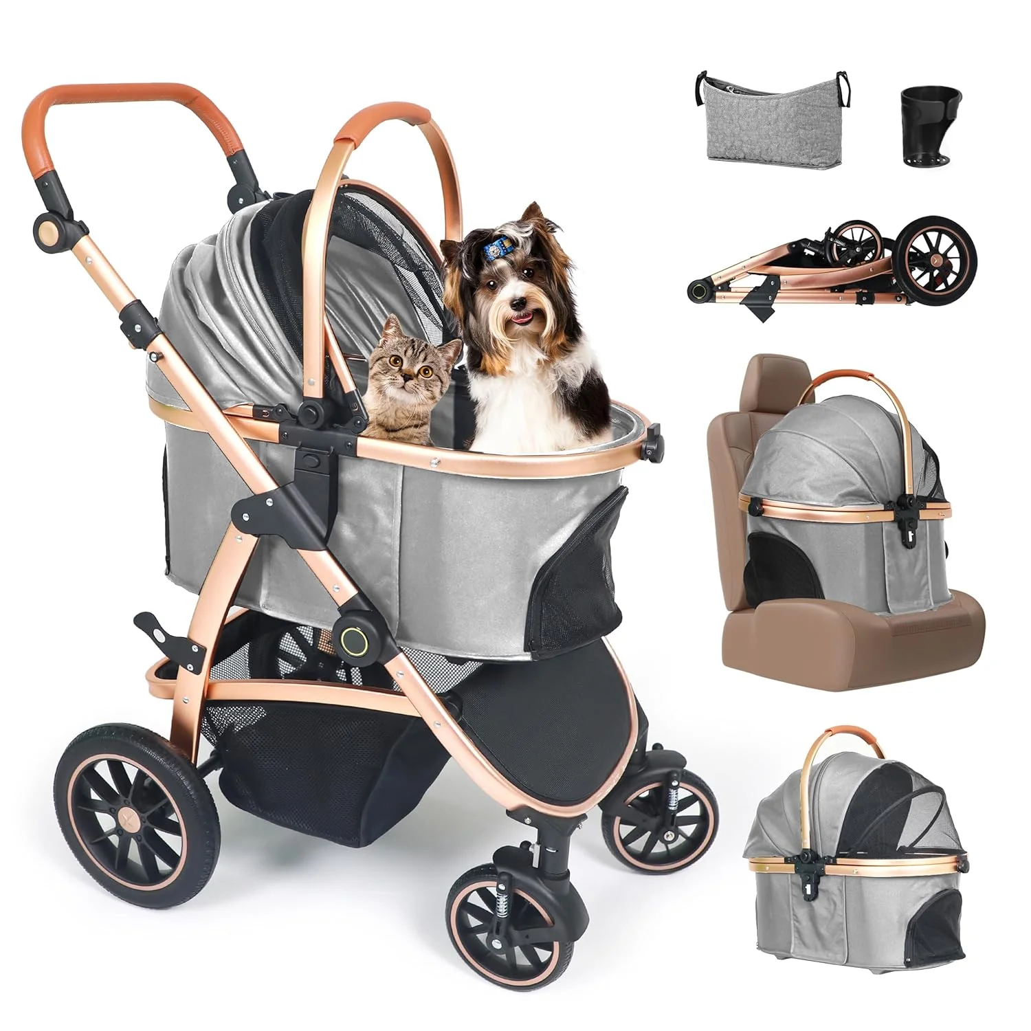 Exclusive 3 in 1 Pet Stroller - Stroller for Small to Medium Dogs and Cats up to 55 lbs with Detachable Carrier Car Seat Foldable and Lightweight Detachable Cushion Cup Holder Gray Durable