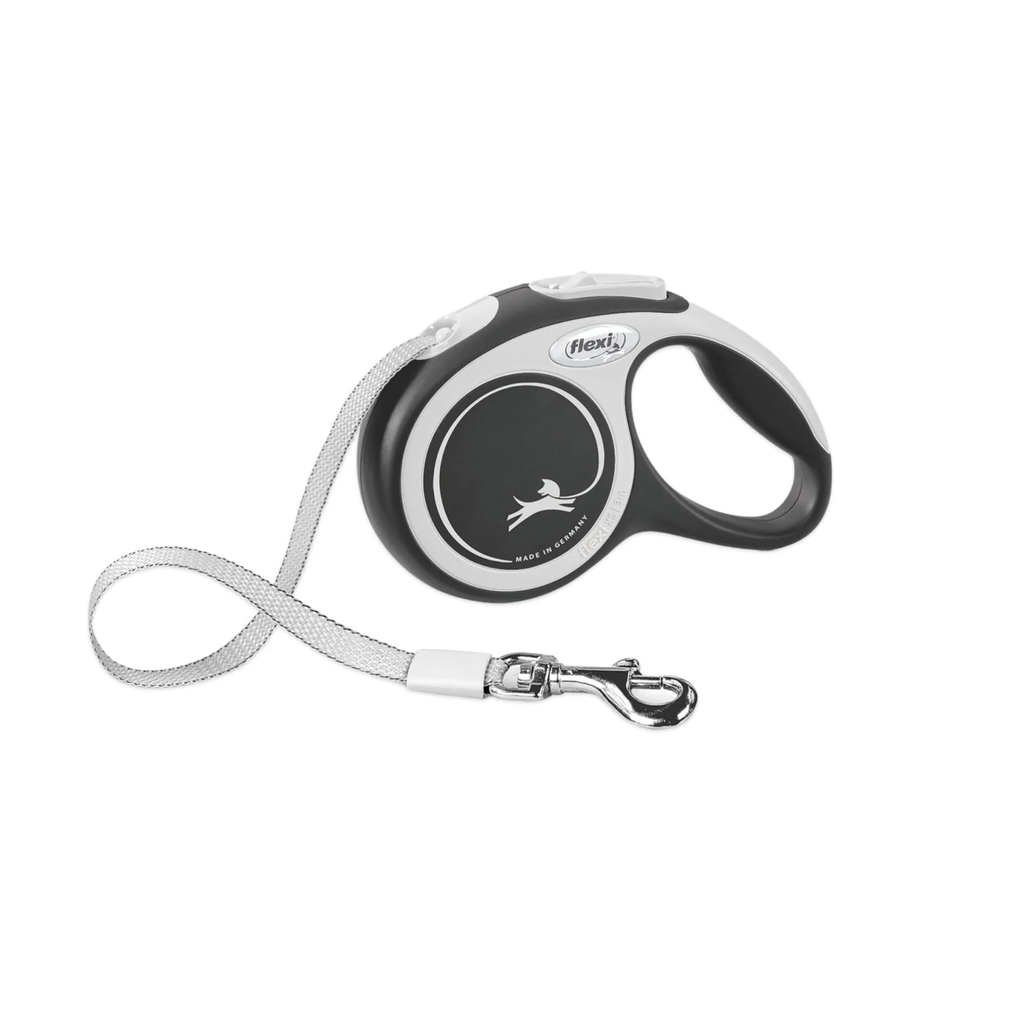 Comfortable FLEXI New Comfort Tape Retractable Leash for Large Dogs up to 110 lbs 26 ft Grey Black One-Handed Brake Pause Lock Breathable