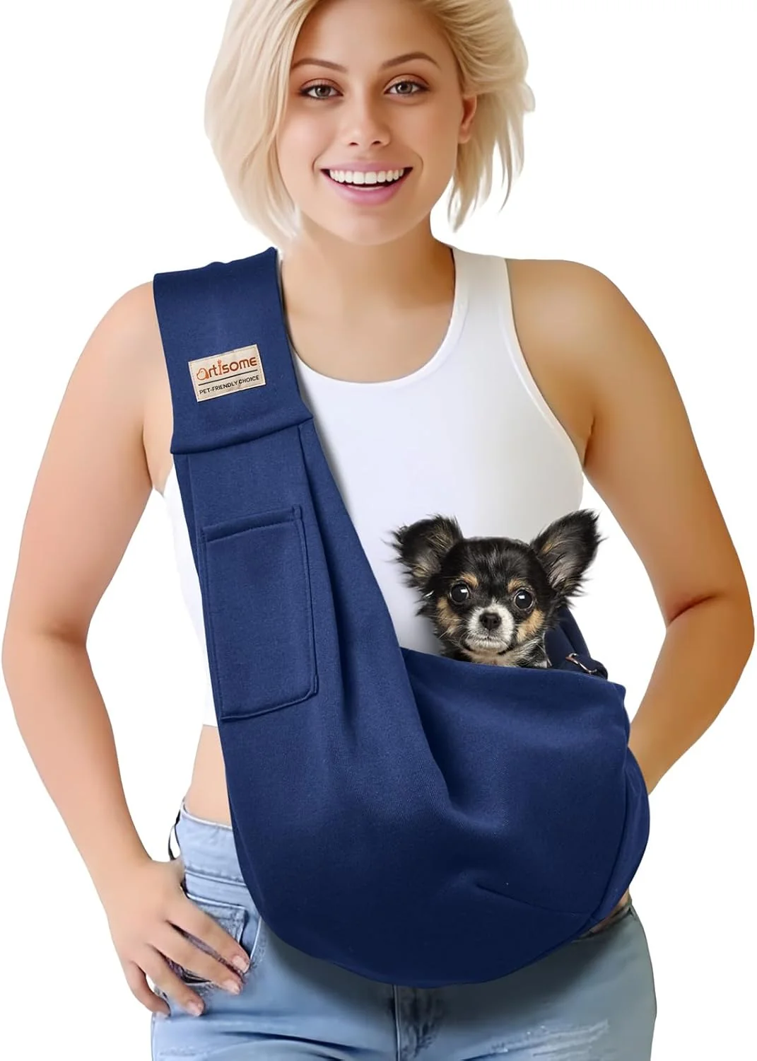 Efficient Pet Dog Sling Carrier for 3-10 lbs pet Dog Purse Pouch Dog Satchel Reversible unadjustable Strap Travel Hand- Safe Bag Small Puppy Backpack Dark Blue Exceptional