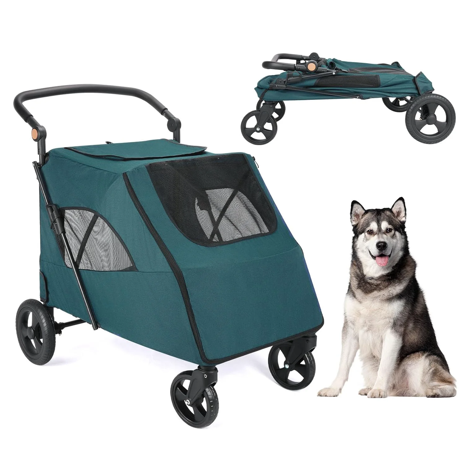 Lightweight Large Dog Travel Stroller with 4 Heavy Duty Wheels Pet Stroller with Adjustable Handle - Double Doggie Capacity Jogger Wagon with Back Front Door for Small Medium Large Dogs Dark Green-C Fine