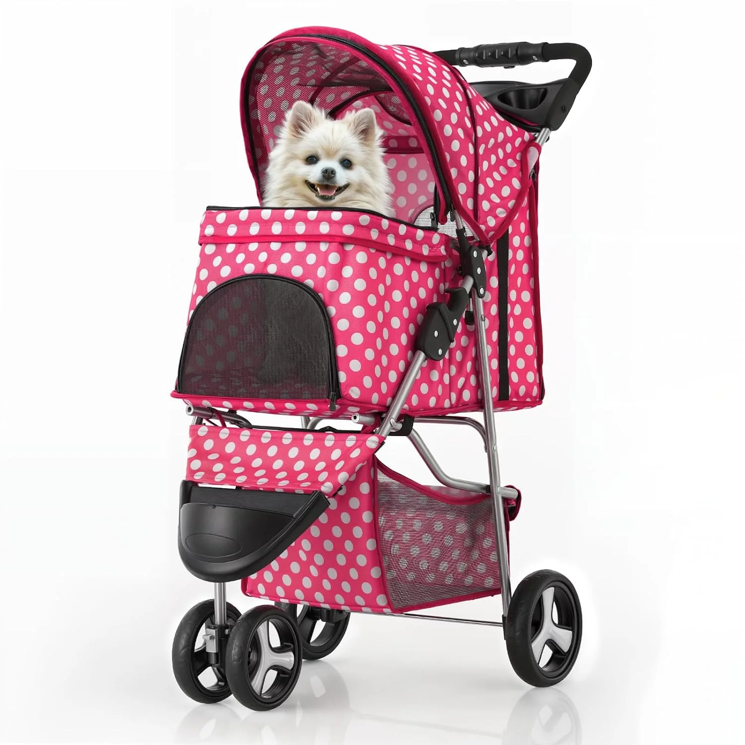 Fine MoNiBloom 3 Wheels Pet Dog Cat Stroller for Small Medium Dogs Cats Foldable Jogger Stroller w Storage Basket and Cup Holder Hot Pink Polka Dots Comfortable