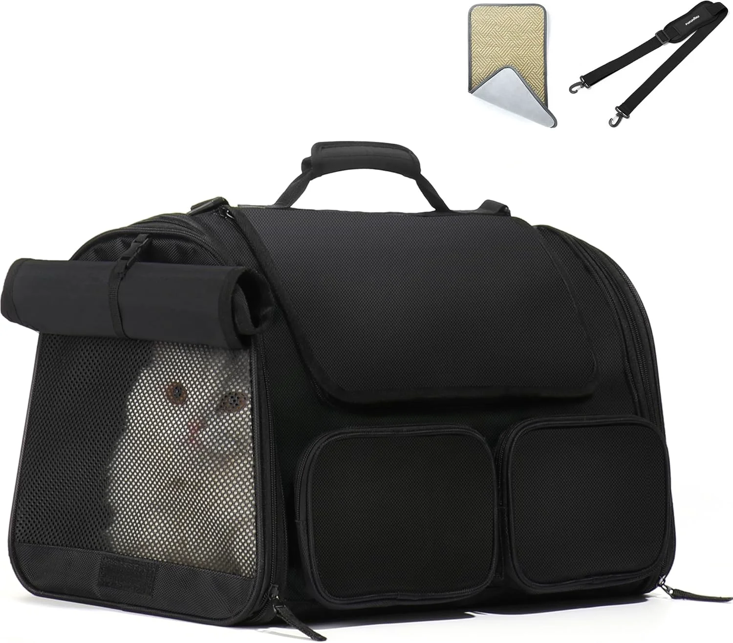 First-Class FUKUMARU Cat Carrier 4 Mesh Windows Small Dog Carrier 4 Storage Pockets Cat Travel Bag Under 15 lb Airline Pet Carrier Rollable Cover for Nervous Cats Black Practical