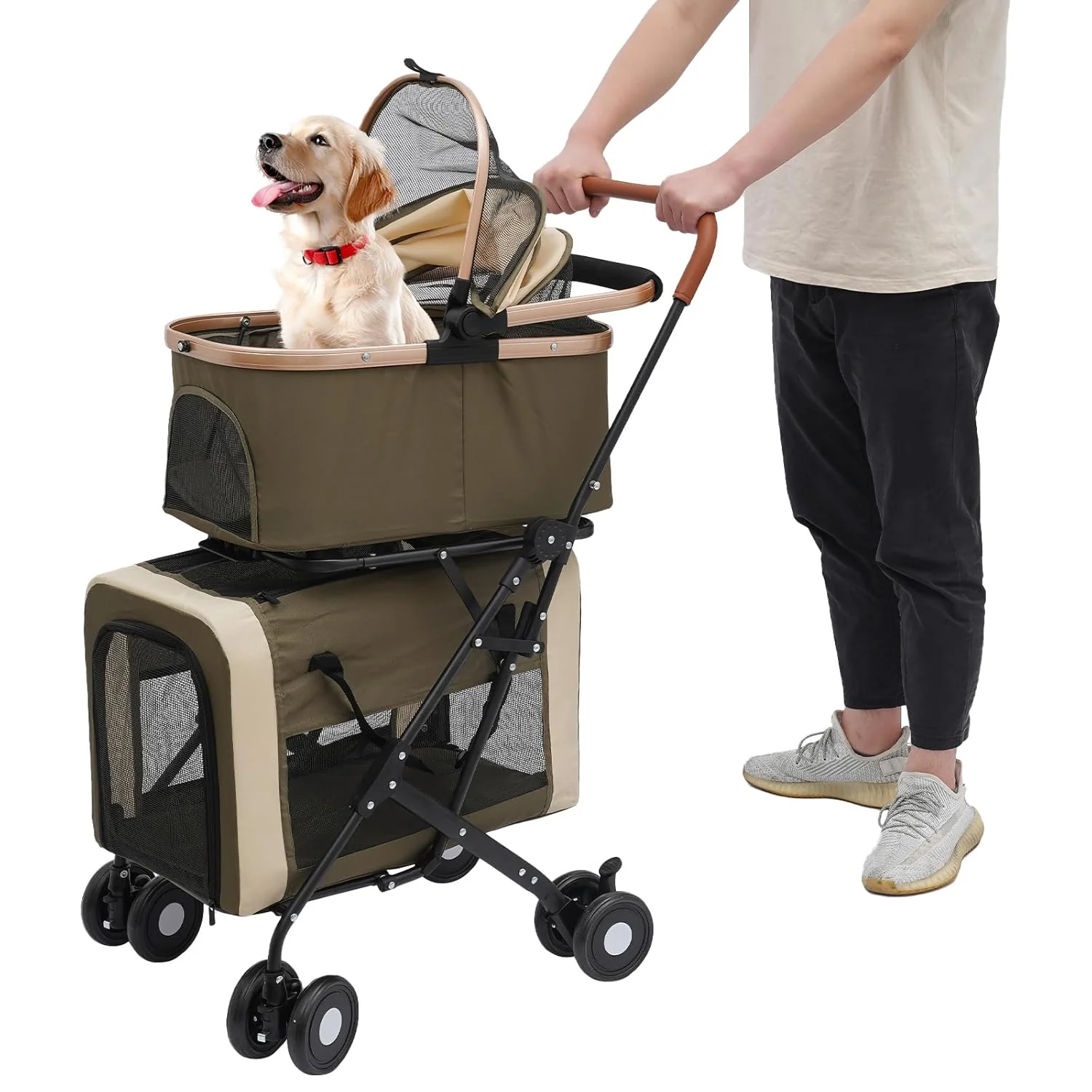 Clean Double Pet Stroller with Detachable Carriers Large Cat Dog Stroller with 4 Wheels Foldable Pet Strollers Small Medium Dogs Cats 77lbs Dark Green Original