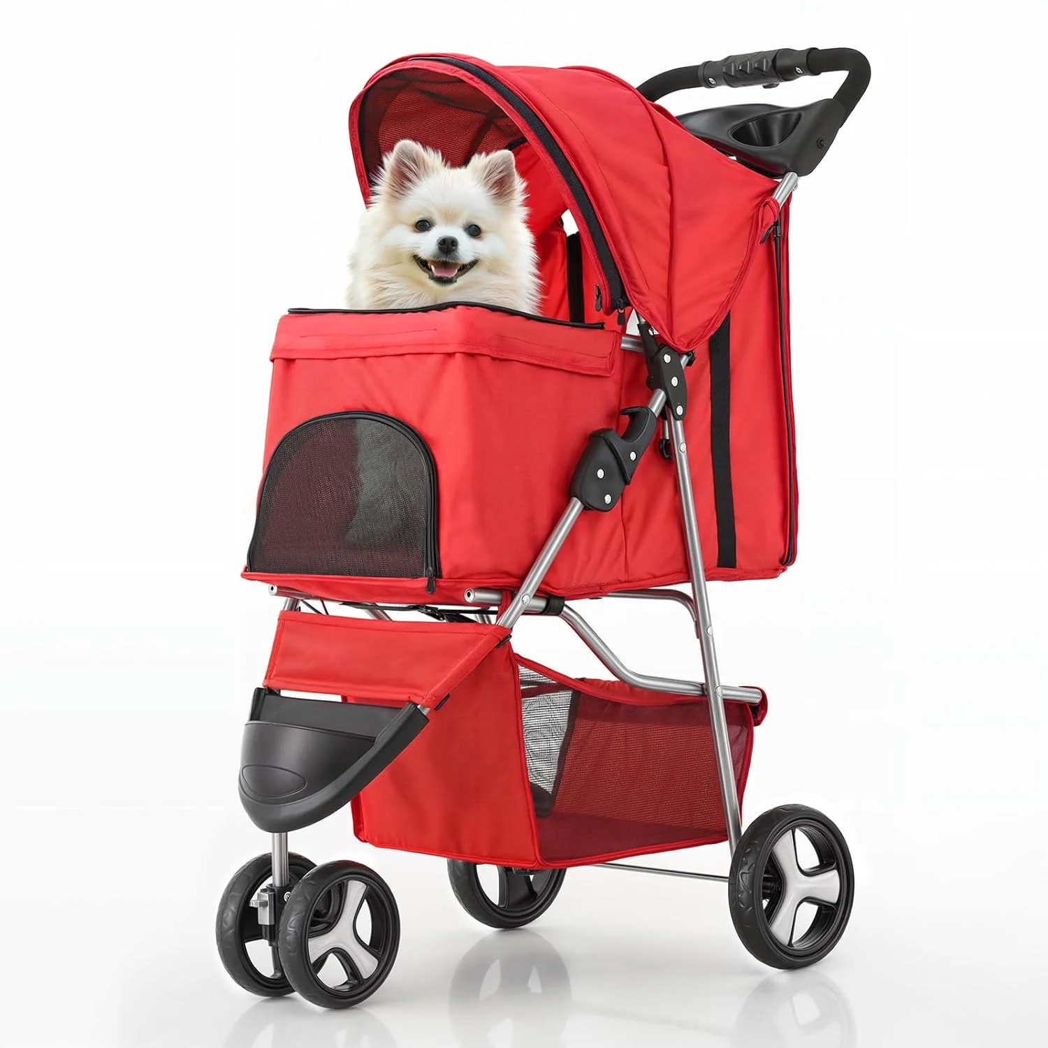 High-Grade MoNiBloom 3 Wheels Pet Stroller Foldable Puppy Cage Jogger Stroller with Weather Cover for All-Season Storage Basket and Cup Holder Breathable and Visible Mesh for Small Medium Pets Red Unique