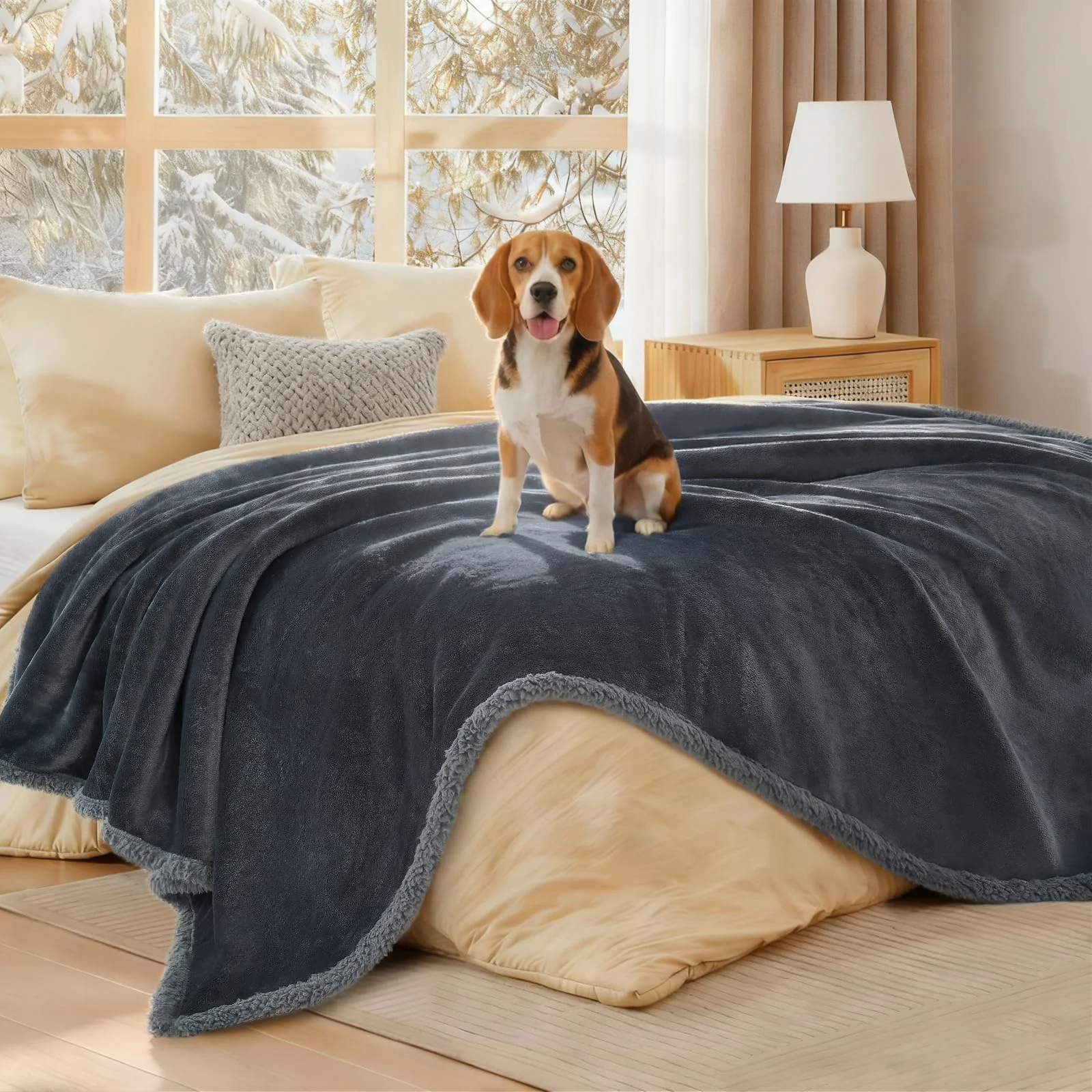 Professional Luciphia Waterproof Bed Blanket – Reversible Sherpa Fleece Throw for Pets 65x57 in Grey Trendy