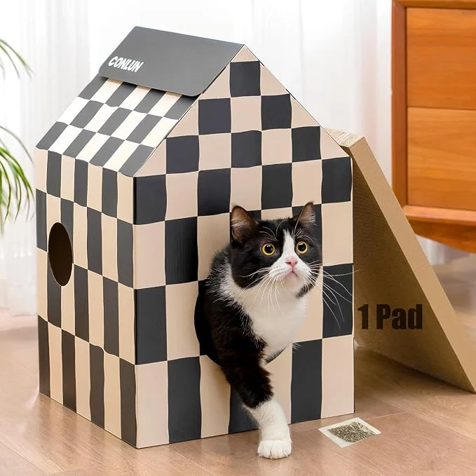 Convenient Cardboard Cat House with Scratch Pad Catnip Cat Play Scratching House Minimalist