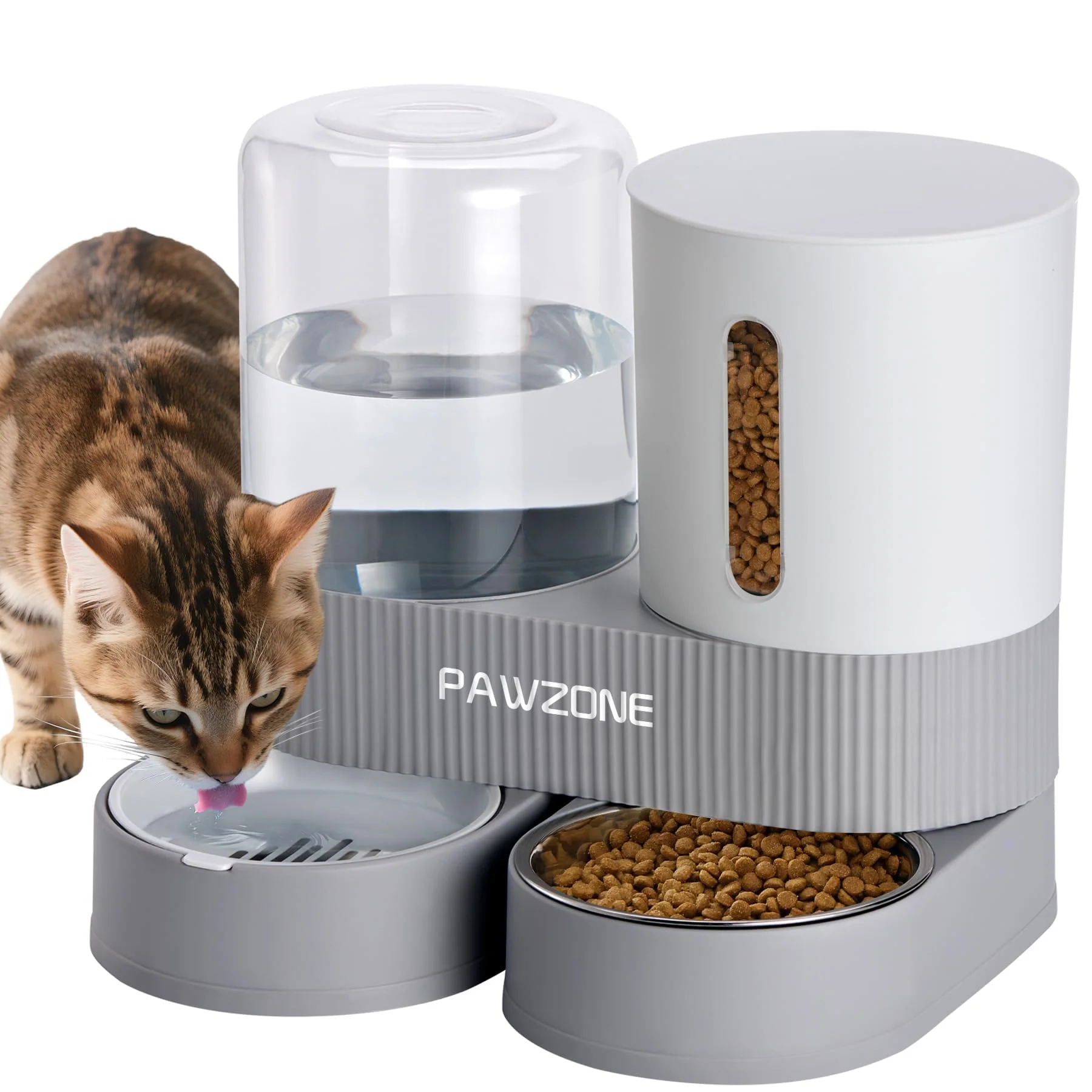 Smart Pawzone 2-Pack Automatic Cat Feeder Water Dispenser – Gravity Feed Stainless Steel Bowls Grey Pure