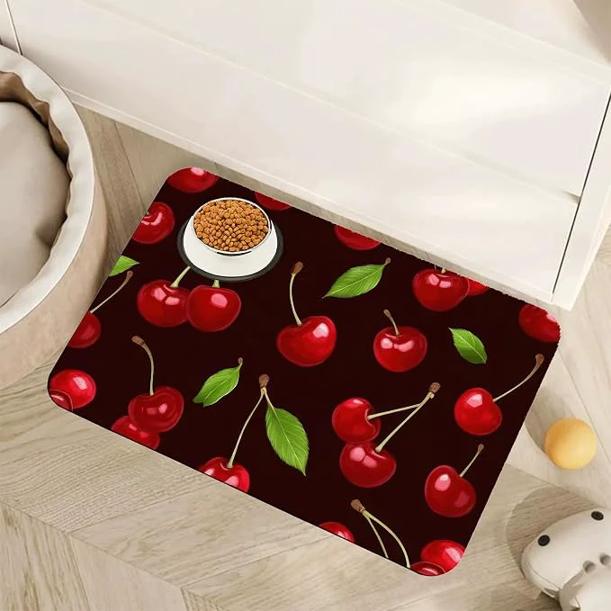 Relaxed Red Cherry Pet Feeding Mat Absorbent Quick-Dry Cat Dog Food and Water Bowl Mats Eco-Friendly