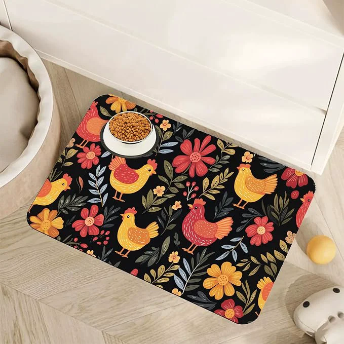Prestigious Chicken Rooster Hen Flower Meadow Dog Cat Food Mat Absorbent Pet Feeding Mat Smart